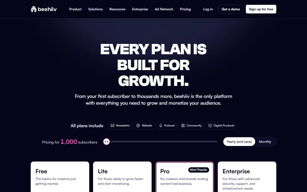 beehiiv公式サイトの料金ページのスクリーンショット