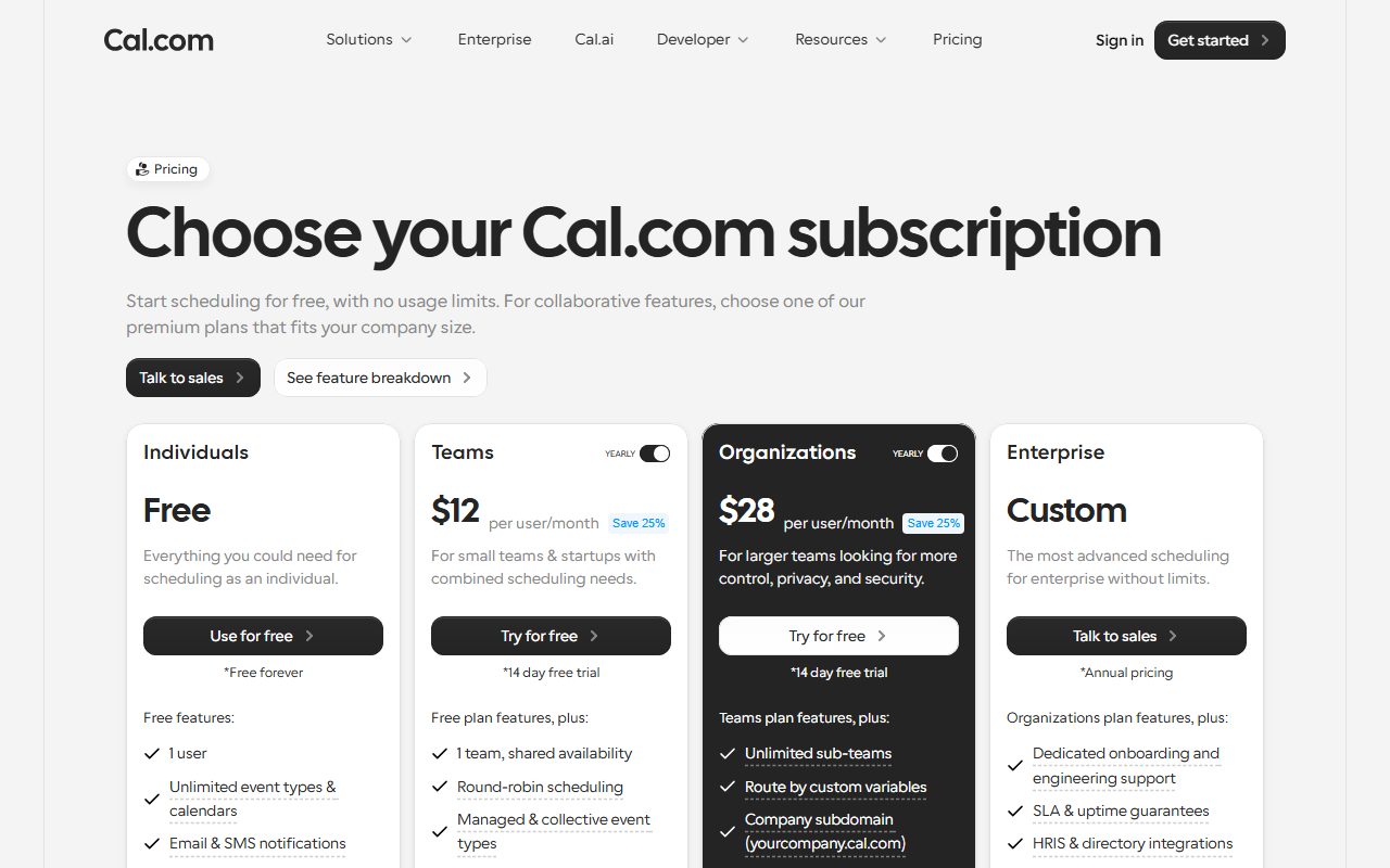 Cal.com公式サイトの料金ページのスクリーンショット