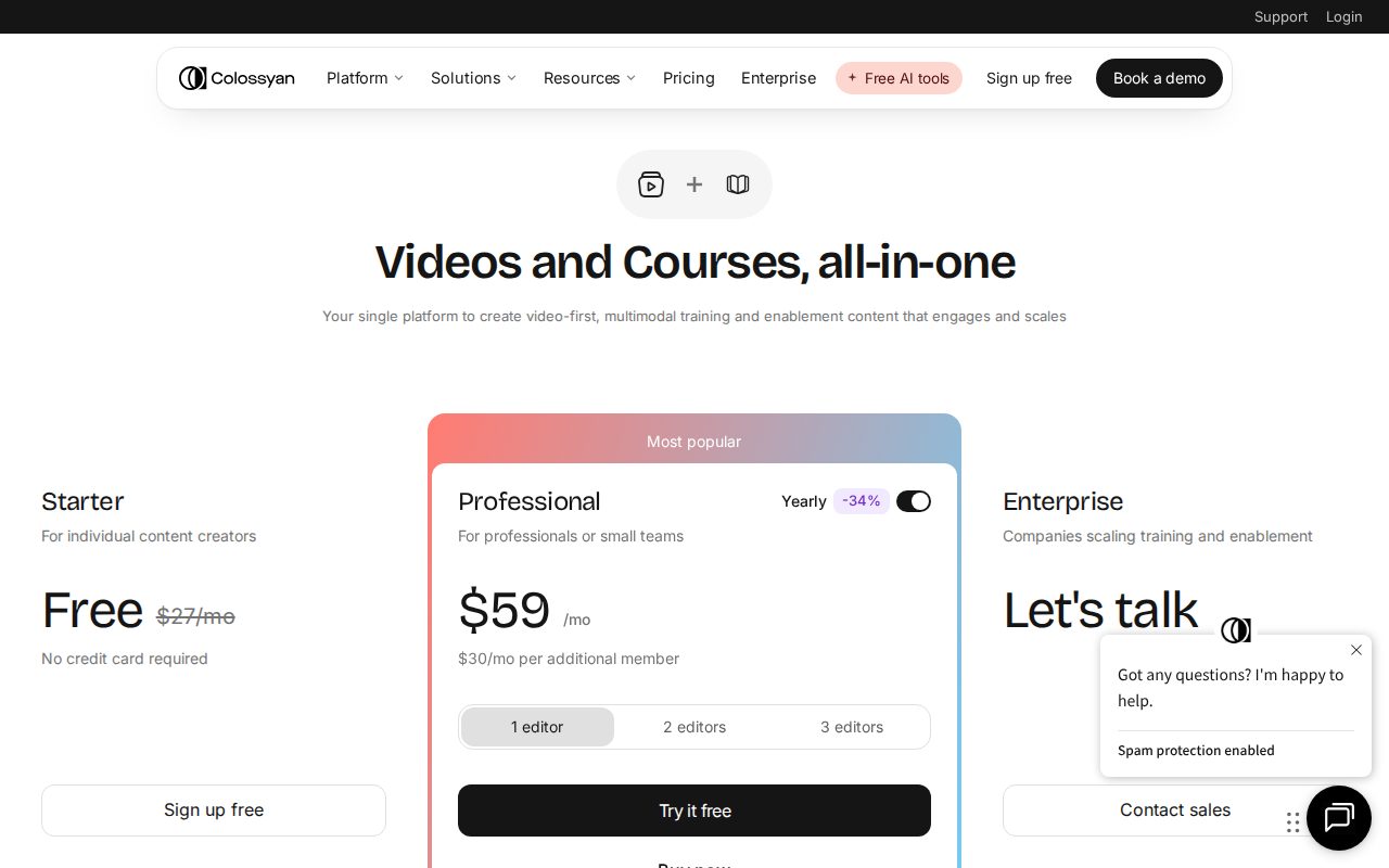 Colossyan公式サイトの料金ページのスクリーンショット