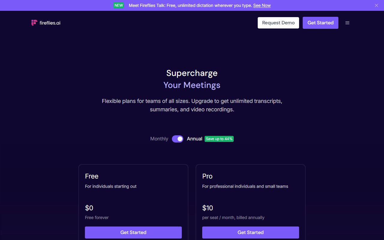 Fireflies.ai公式サイトの料金ページのスクリーンショット