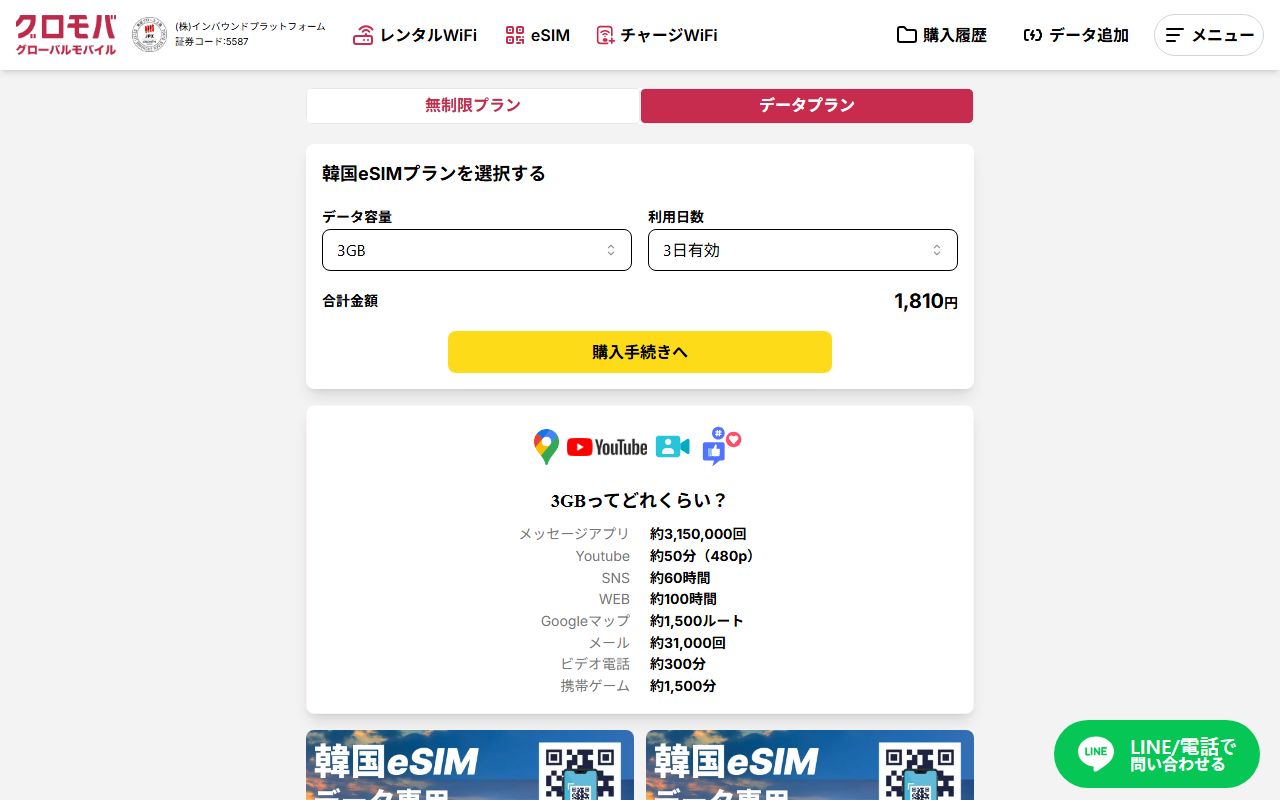 グロモバeSIMの韓国eSIMのプラン選択画面。データプランでデータ容量3GB・利用日数3日有効を選ぶと、合計金額1,810円と表示されている