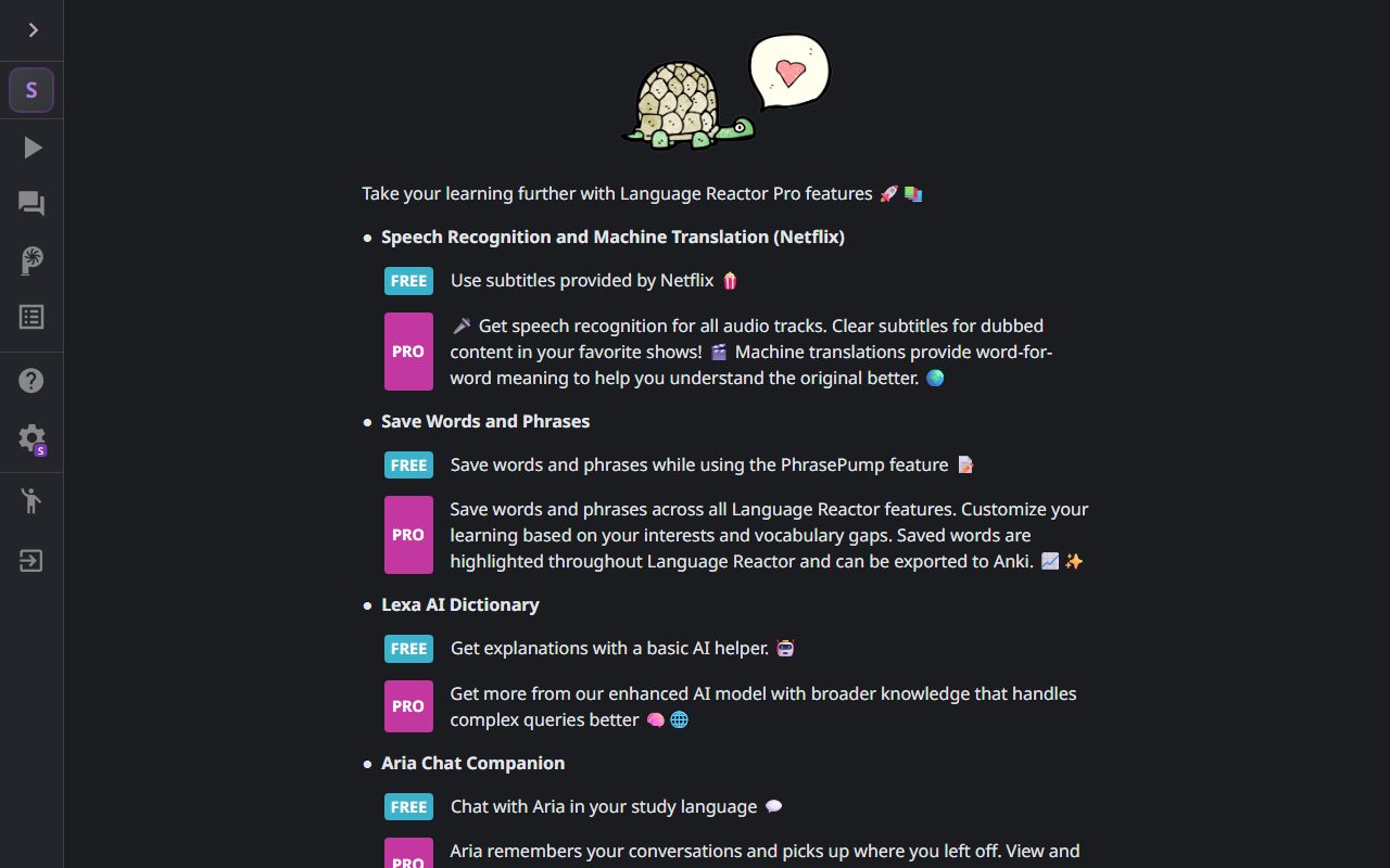 Language Reactor公式サイトのPro モードのページのスクリーンショット