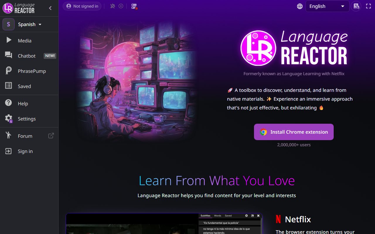 Language Reactor公式サイトのトップページのスクリーンショット