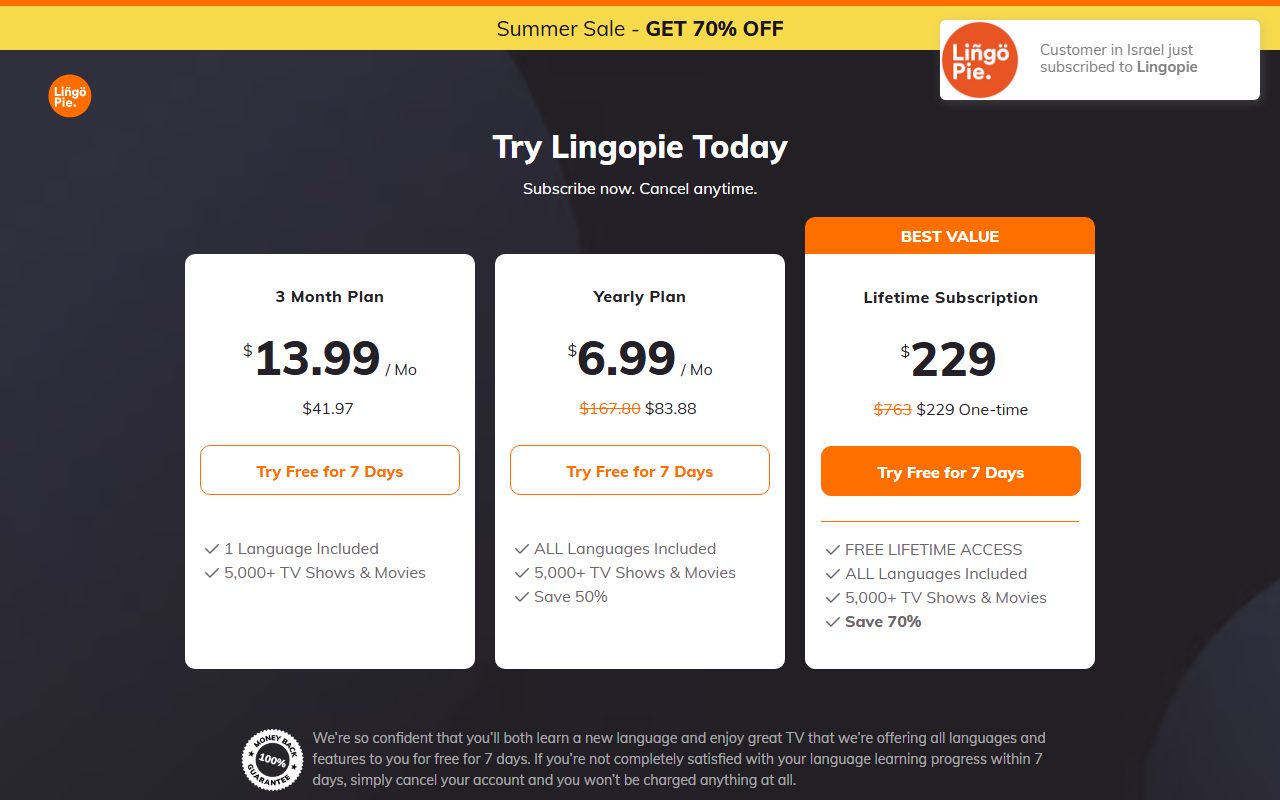 Lingopie公式サイトの料金ページのスクリーンショット