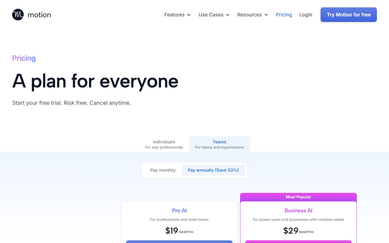 Motion (usemotion.com)公式サイトの料金ページのスクリーンショット