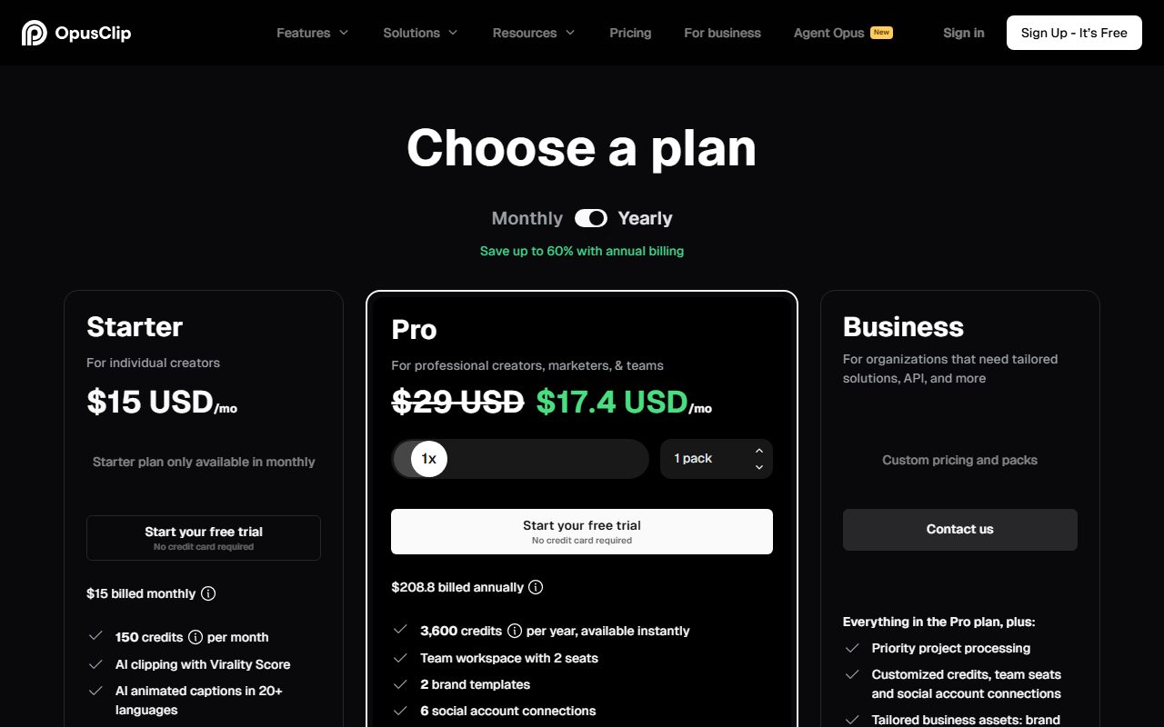 OpusClip公式サイトの料金ページのスクリーンショット