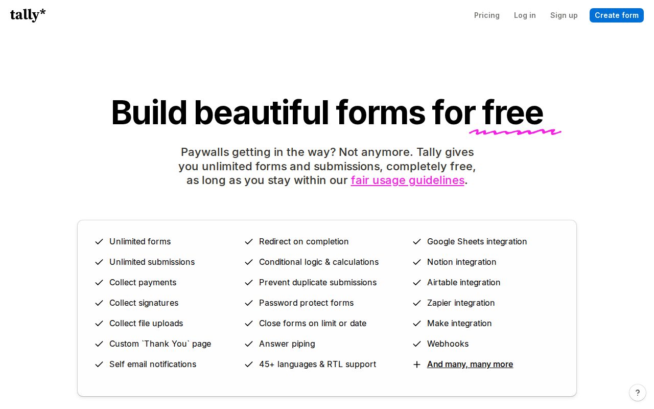 Tally公式サイトの料金ページのスクリーンショット