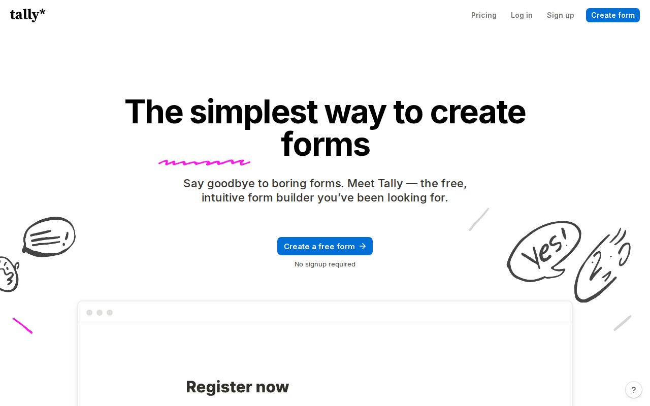 Tally公式サイトのトップページのスクリーンショット